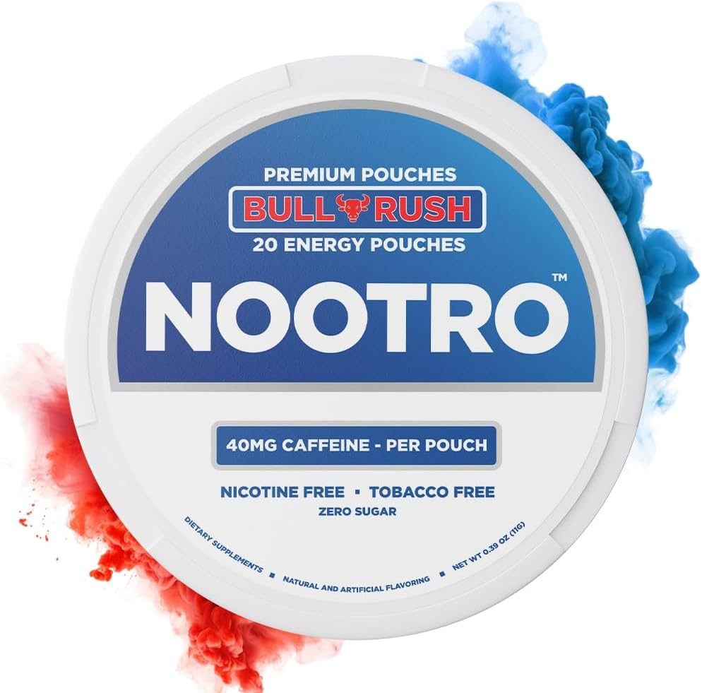 Pochettes Nootro Energy avec caféine, Pochettes Nootropiques, 40 mg de caféine naturelle, vitamine B6, magnésium, sans sucre, sans nicotine, sans tabac, 20 Pouches par boîte, 1 paquet (Bull Rush)