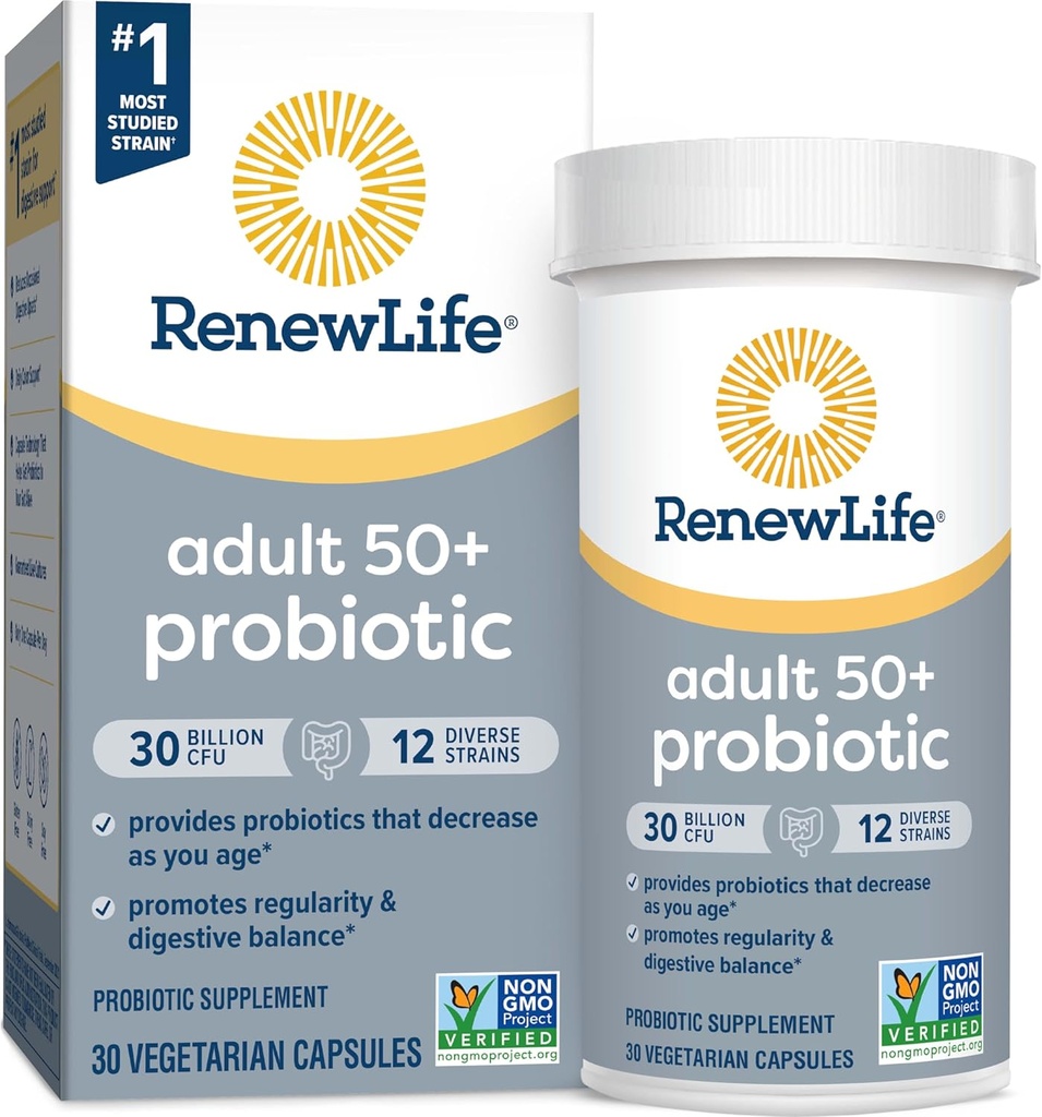 Renouveler Vie Probiotique Adulte 50 Plus Capsules Probiotiques, Supplément quotidien soutient la santé urinaire, digestive et immunitaire, L. Rhamnosus GG, Laiterie, Soy et sans gluten, 30 Million CFU, 30 Compte