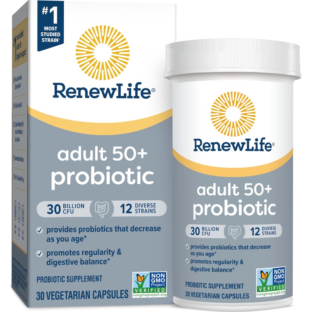 Renouveler Vie Probiotique Adulte 50 Plus Capsules Probiotiques, Supplément quotidien soutient la santé urinaire, digestive et immunitaire, L. Rhamnosus GG, Laiterie, Soy et sans gluten, 30 Million CFU, 30 Compte