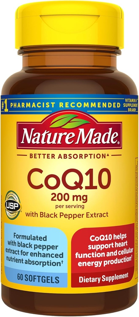 Nature faite CoQ10 200mg par portion avec extrait de poivre noir pour l'absorption accrue d'éléments nutritifs, soutien de santé cardiaque, 60 Softgels, 30 jours d'approvisionnement