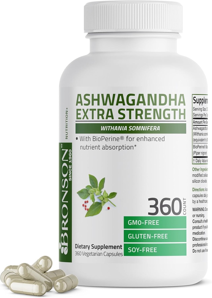 Bronson Ashwagandha Extra Strength Stress & Mood Support avec BioPerine - Formule non OGM, 360 Capsules végétariennes