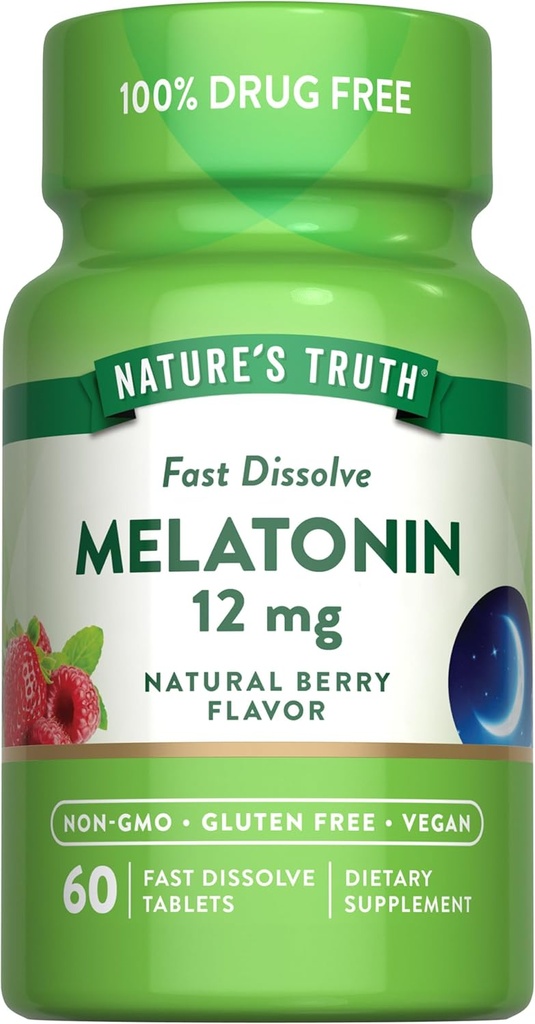 Nature's Truth Melatonin 12mg | 60 Fast Dissolve Tablets | Natural Berry Flavor | Vegan, Non-GMO & Gluten Free Supplement