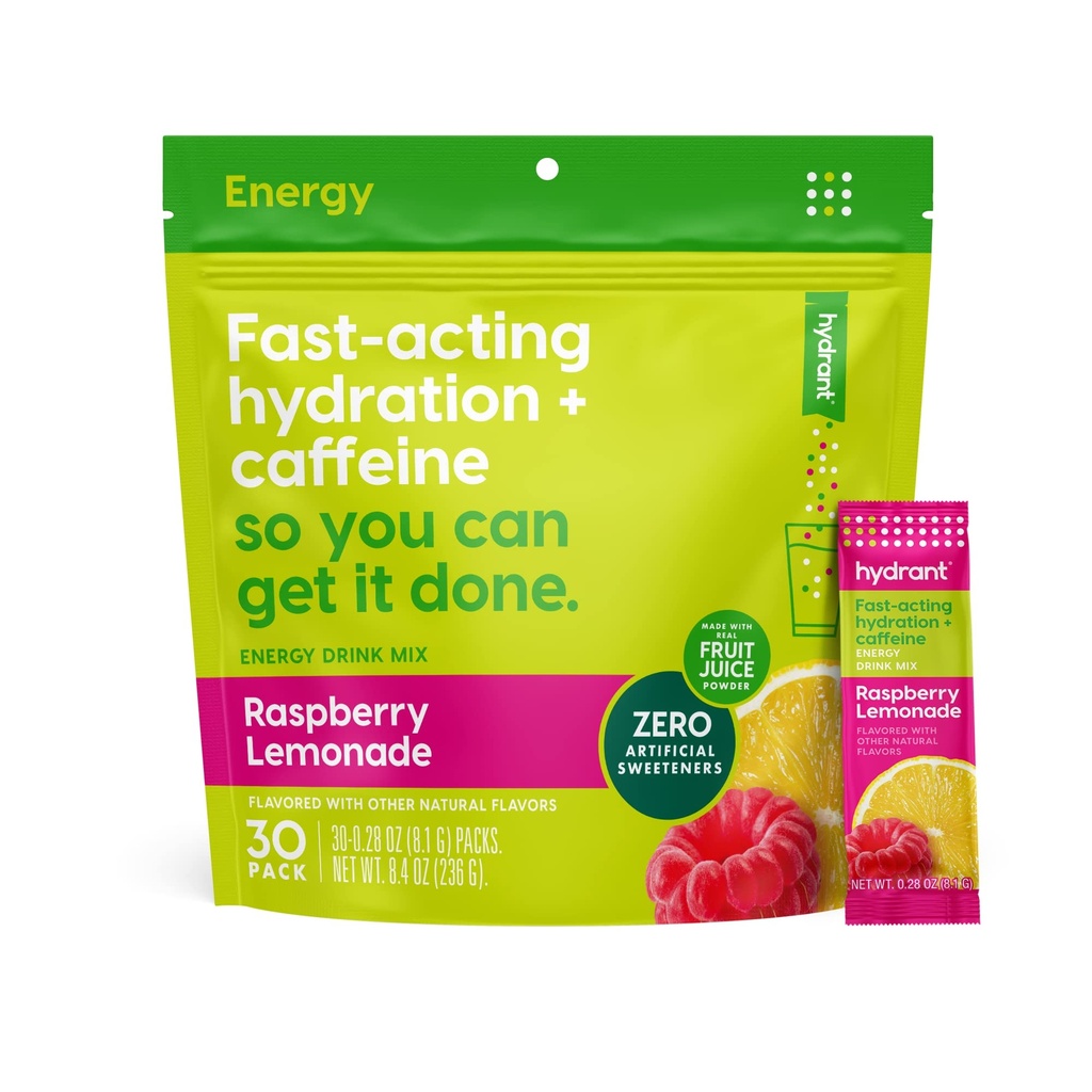 Hydratant - Energy Poudre d'électrolyte, Lémonade aux framboises Saveur, 30 boîtes de bâtons de réhydratation de la caféine et de la L-Theanine en énergie - Poudre d'énergie à faible teneur en sucre pour usage quotidien