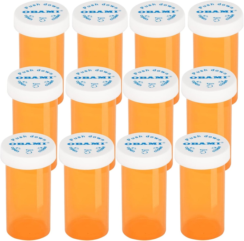 Bouteille de pilules en plastique avec bouchons résistants à l'enfant - Pousser et tourner - flacon d'ordonnance, contenant de médicaments, distributeur de pilules (12pcs, 30 Dram)