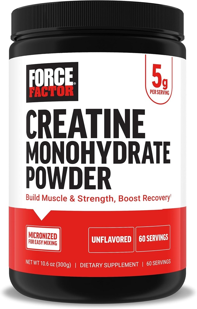 Facteur de force Poudre monohydratée de créatine, 5g Dose micronisée pour soutenir la croissance musculaire, la force, la récupération, la santé cognitive et la mémoire, non aromatisée, 60 portions