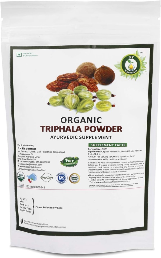R V Essential Organic Triphala Powder 100gm/ 3.53oz/ 0.22lb- Made from Haritaki, Vibhitaki and Amla 1:1:1 Triphala Churna Powder USDA Organic Certified Ayurvedic Herbal Supplement in Zip Lock Pouch