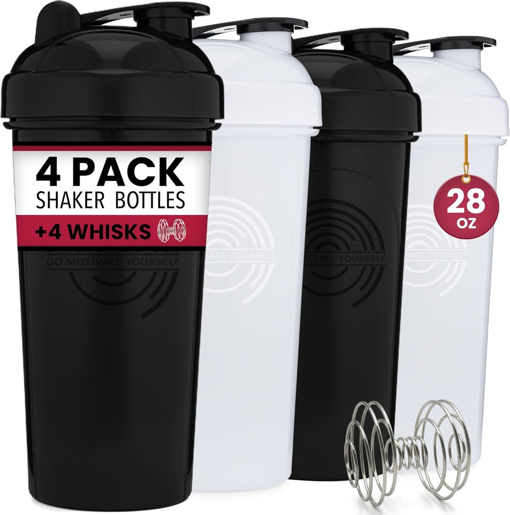 GOMOYO 4-Pack - 28 Once Protein Shaker Bouteille pour Mélanges, 4xWire Whisk, Des mélanges de complément de vrac de preuve fuite et pré-entraînement tasses Shaker, lave-vaisselle sans danger et sans BPA, noir et blanc