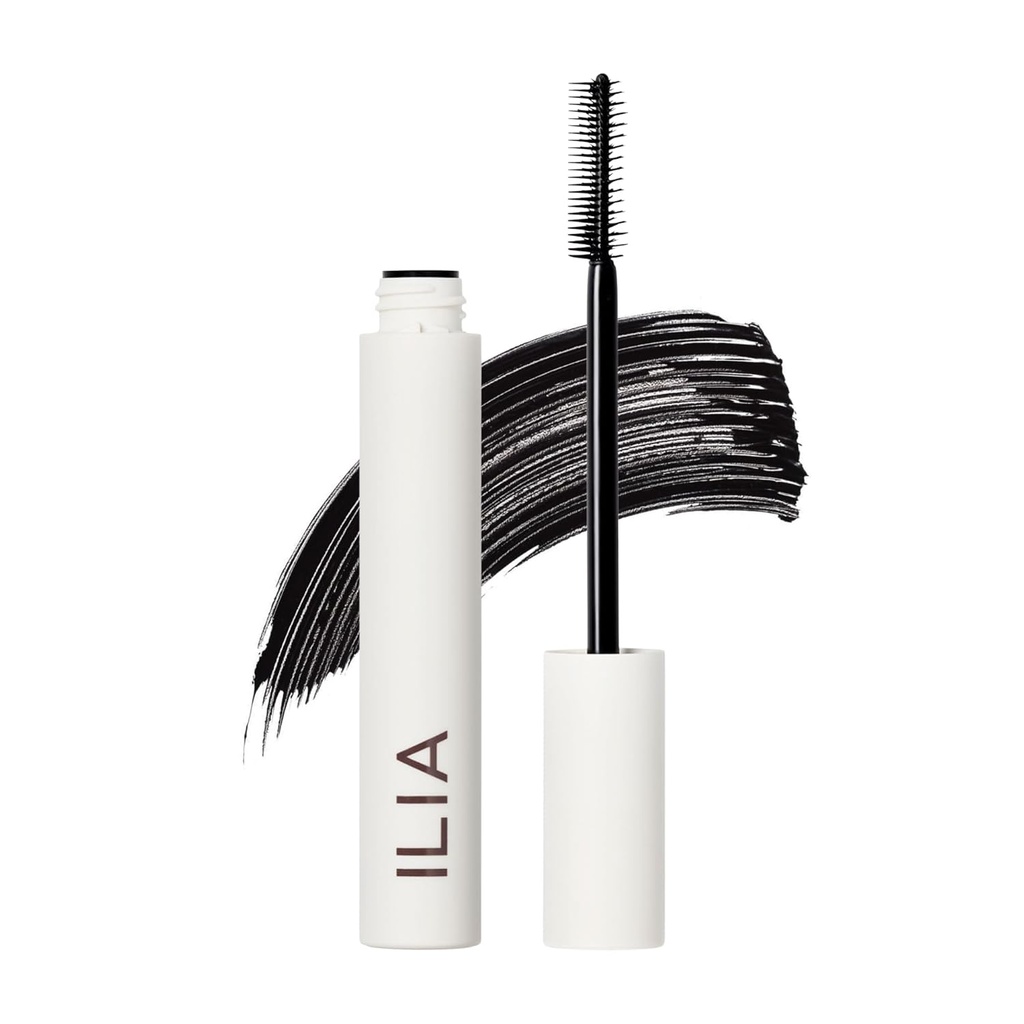 ILIA - Mascara sans bord léger, nourrissant, allongeant, liftant, flocon + résistant aux boues non toxique, sans cruauté, ophtalmologiste, sans danger pour les yeux sensibles (noir doux)