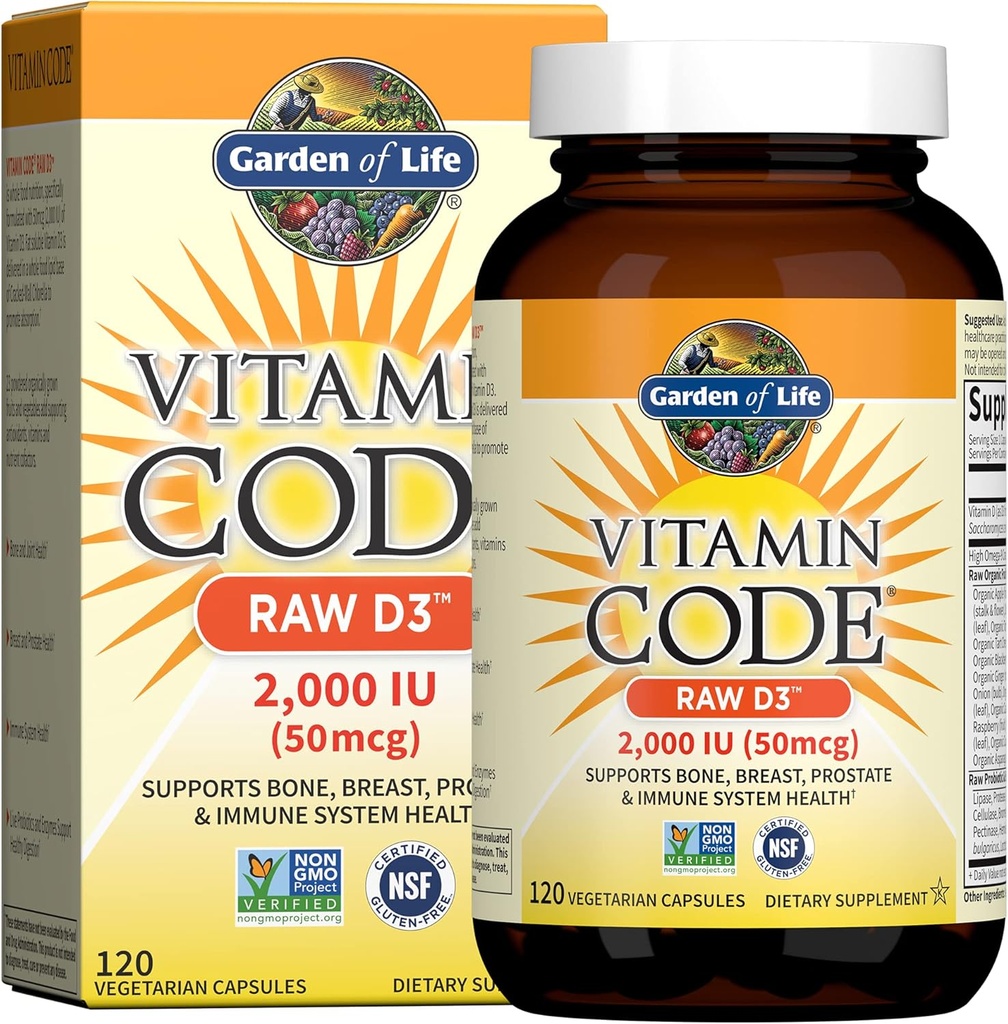 Jardin de la vie Vitamine D, Code Vitamine Raw D3, Vitamine D 2,000 UI, Raw Whole Food D3 Suppléments avec Chlorella, Fruits, Veggies et Probiotiques pour la santé des os et des immunones, 120 Capsules végétariennes