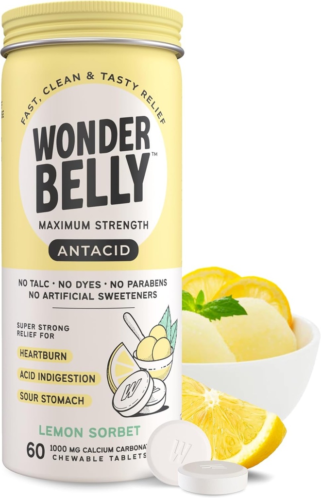 Antiacide de Wonderbelly, soulagement efficace des brûlures d'estomac et de l'indigestion instantanée de l'acide, comprimés à croquer d'une force supplémentaire, carbonate de calcium de 1000 mg, sans Talc ou colorant, sorbet de citron, 60 Compte