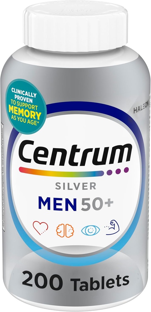Multivitamine d'argent centrum homme 50+ avec vitamine D3, vitamine B, zinc pour mémoire et cognition - 200 comprimés