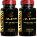 L-LYSINE 1000 mg Acid Amino Essential - Santé des lèvres, supplément de lysine L-Lysine 1000mg, supplément d'acide amino essentiel pour le soutien immunitaire et la gomme, sans gluten - 2 bouteilles 200 Compte