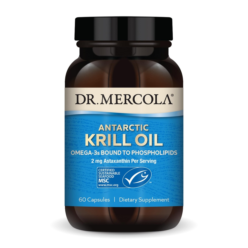 Dr Mercola Antarctic Krill Oil - 1 000 mg - Supplément Oméga-3 avec EPA et DHA - Soutient la santé cérébrale, cardiaque, articulaire et immunitaire - Sans OGM, sans gluten et sans soja - 60 capsules (30 portions)