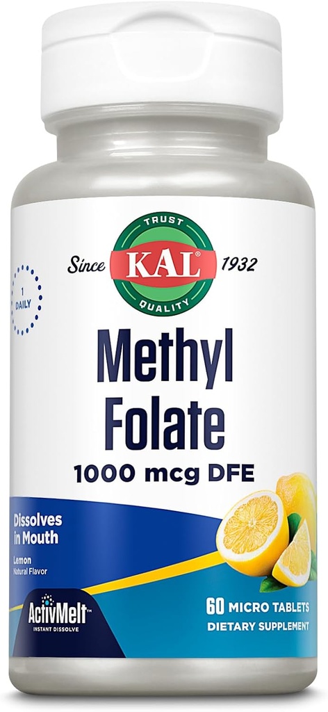 KAL Méthyl Folate 1000 mcg, forme active 5-MTHF, supplément à l'acide folique, santé cardiaque, soutien prénatal, de l'humeur et du cerveau, végétalien, naturel Lemon ActivMelt, garantie de 60 jours, 60 portions, 60 micro comprimés