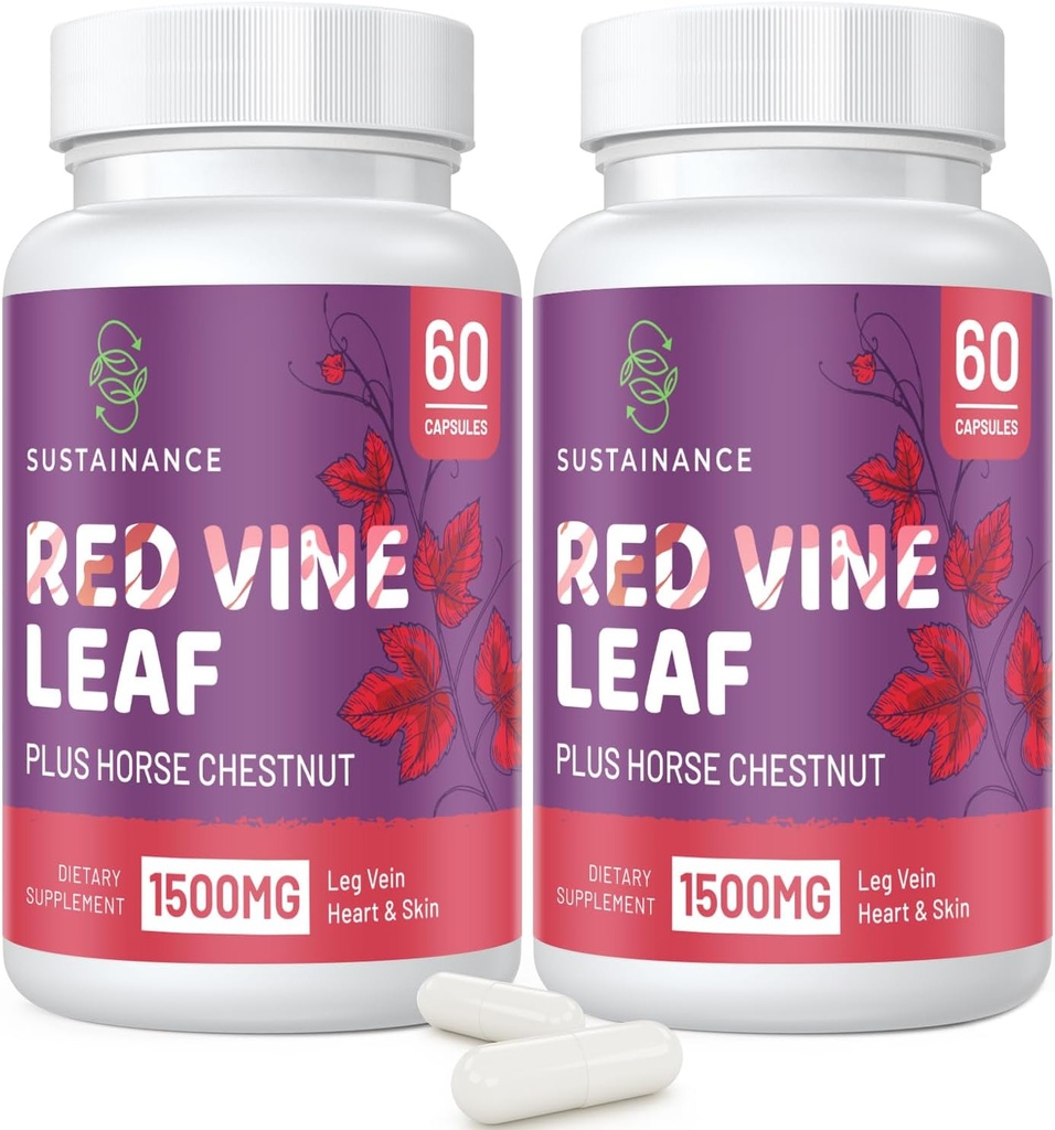 Red Vine Leaf Extract 1400mg & Horse Chestnut Extract 100mg Supplement for Leg, Vein, Circulation, Heart, Skin (60 Capsules - 2 Bottles)