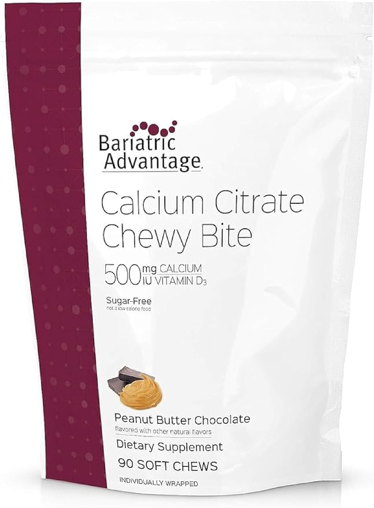 Bariatric Advantage Calcium Citrate Chewy Bites 500 mg - Highly Absorbable & Digestible - Vitamin D3 - Easily Chewable Calcium Supplement - Peanut Butter Chocolate - 90 Count