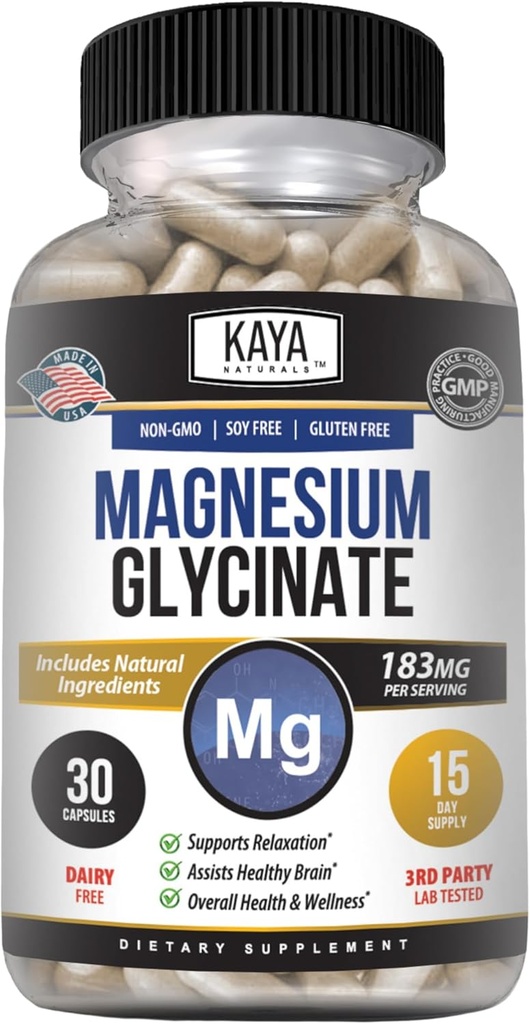 Kaya Naturals Magnésium Glycinate 183mg par bouchon, Chélaté pour Absorption maximale, Non-OGM, NO Gluten Dairy & Soy, soutient la santé musculaire et cardiaque 30 Compte