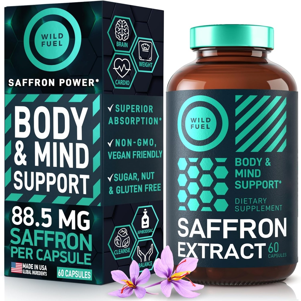 Suppléments de safran pour les femmes et les hommes - 88,5mg Extrait pur de safran - Antioxydant, santé oculaire, soutien énergétique et rappel d'humeur - végétalien, fabriqué aux États-Unis, 60 capsules une fois par jour
