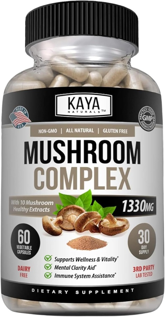 Kaya Naturals Complexe Champignon Premium Potentiel - Complexe Champignon Capsules 1330mg par portion - Aides La clarté mentale soutient le système immunitaire, le bien-être et la vitalité - 60 Compte