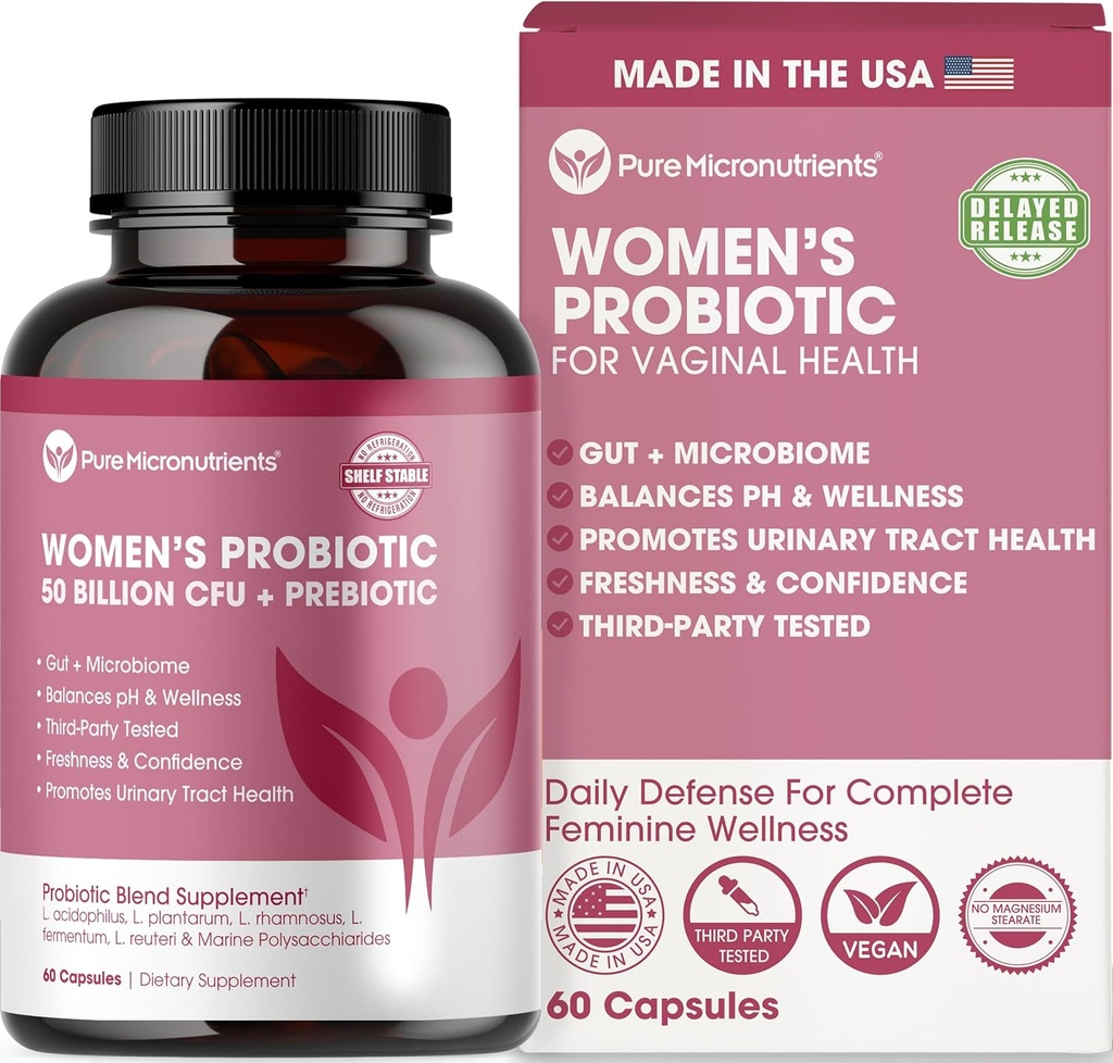 Probiotiques pour les femmes, PH Balance & Vaginal Health Support, 50 Million CFU par portion, Gut, Soins digestifs et urinaires, Lactobacillus & Prébiotiques, 60 Capsules