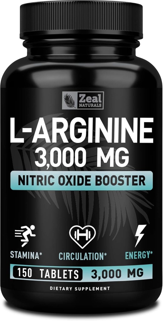 Zeal Naturals L Arginine 3000mg Capsules (150 comprimés de 1000mg) Maximum Dose L-Arginine supplément à l'oxyde nitrique pour soutenir la croissance musculaire, la fonction vasculaire et l'énergie - Booster d'oxyde nitrique
