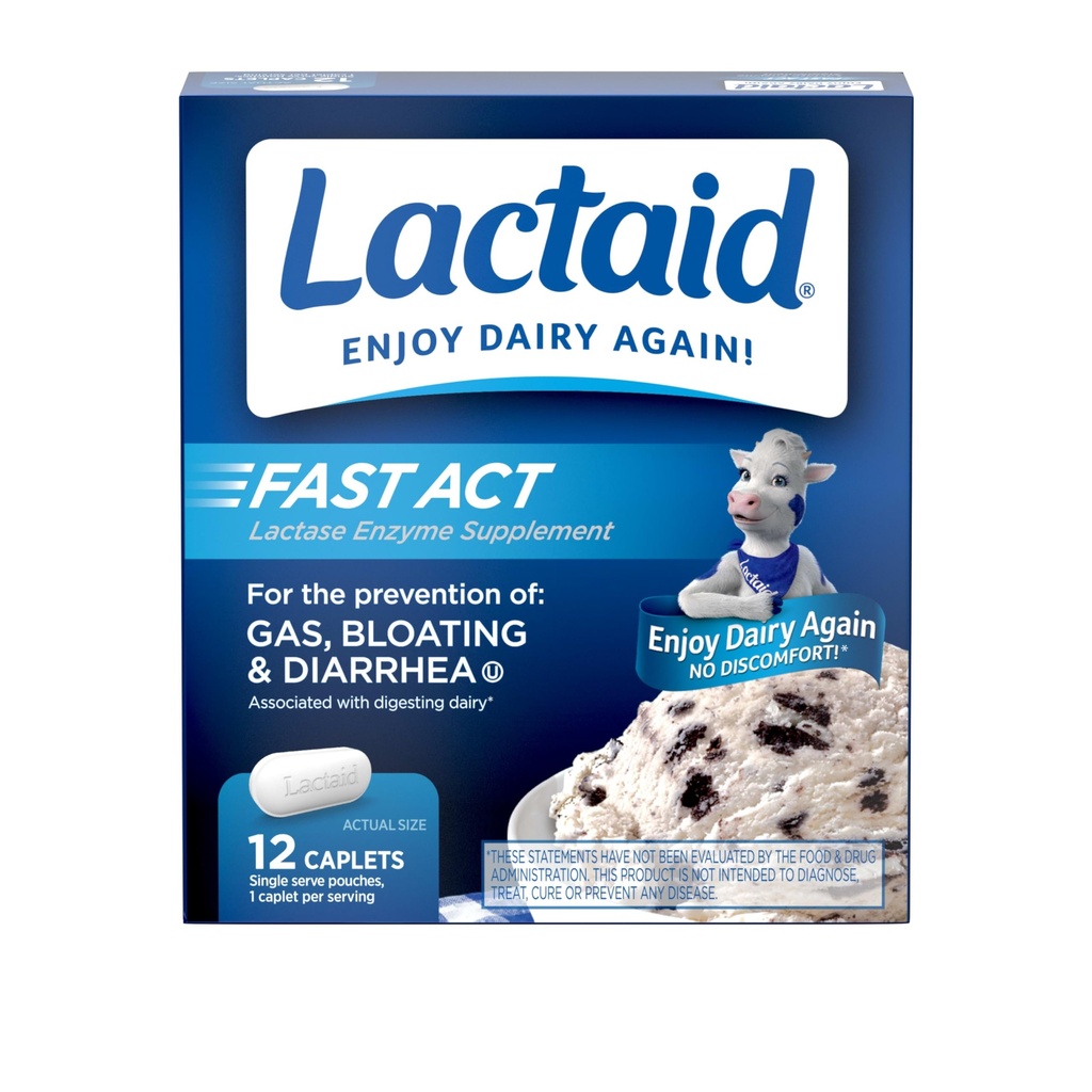 Lactaid Fast Act Caplets de soulagement de l'intolérance à la lactose avec enzyme de lactase pour prévenir le gaz, le gonflement et la diarrhée en raison de la sensibilité à la lactose, idéal pour les voyages et le voyage, 12 paquets de 1-Count