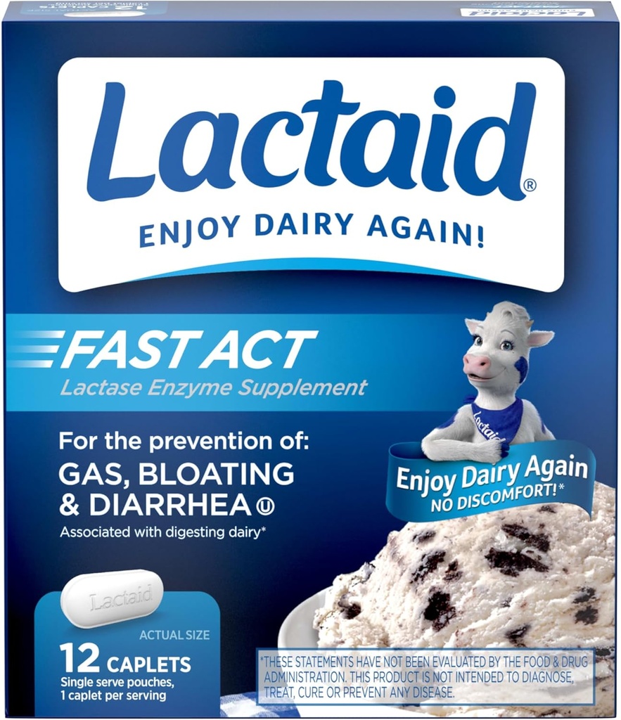 Lactaid Fast Act Caplets de soulagement de l'intolérance à la lactose avec enzyme de lactase pour prévenir le gaz, le gonflement et la diarrhée en raison de la sensibilité à la lactose, idéal pour les voyages et le voyage, 12 paquets de 1-Count