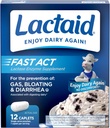 Lactaid Fast Act Caplets de soulagement de l'intolérance à la lactose avec enzyme de lactase pour prévenir le gaz, le gonflement et la diarrhée en raison de la sensibilité à la lactose, idéal pour les voyages et le voyage, 12 paquets de 1-Count