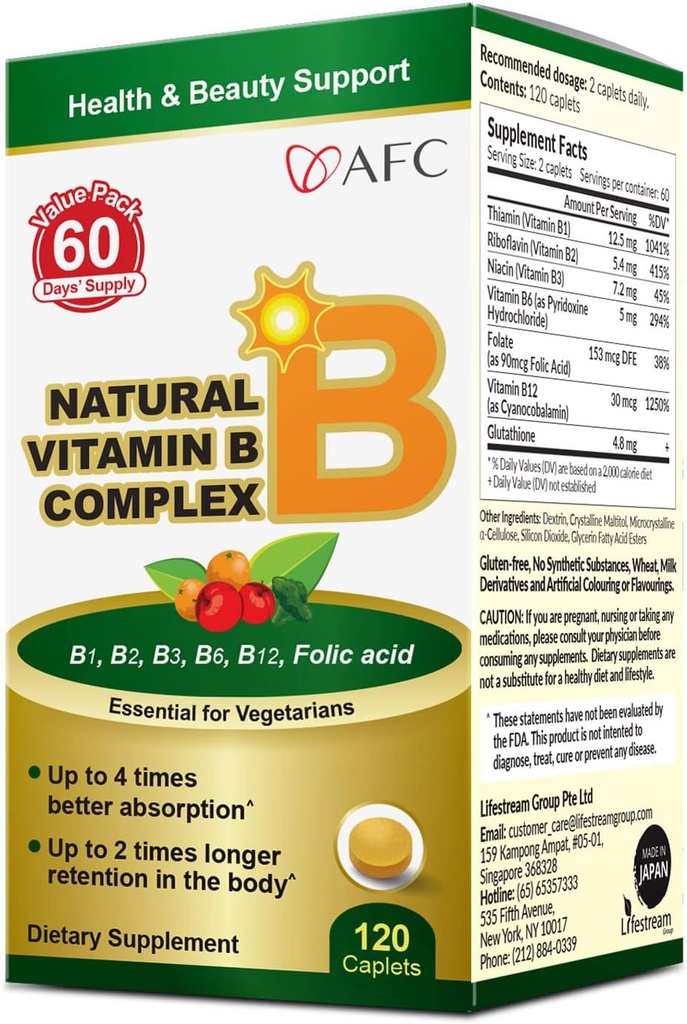 AFC Japon Complexe naturel de vitamine B avec B1, B2, B3, B6, B12, Acide folique et extrait de levure de glutathion, pas de synthétique, non-OGM, supplément pour le stress, l'énergie, système immunitaire et nerveux,120 Caplets végétaliens