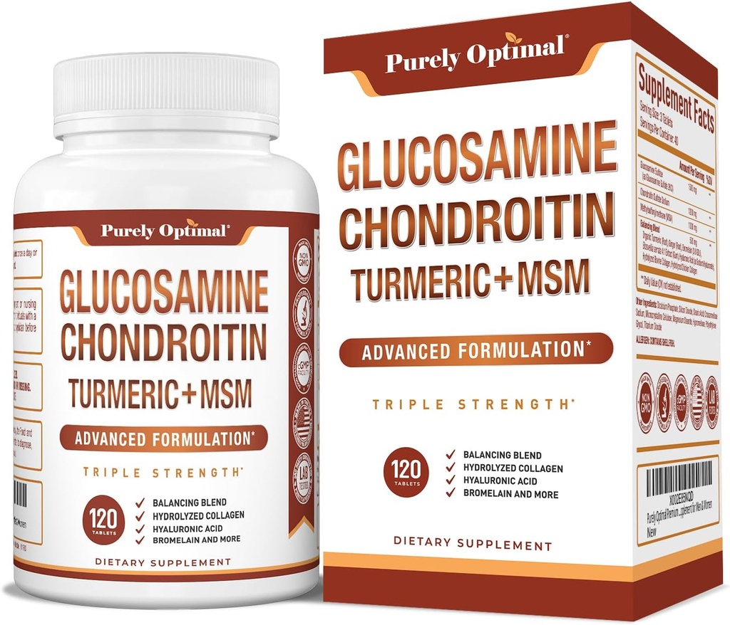 Purely Optimal Glucosamine Chondroitin MSM Supplement w/Turmeric & Boswellia - Glucosamine Sulfate Joint Supplement for Men & Women - 120 Tablets