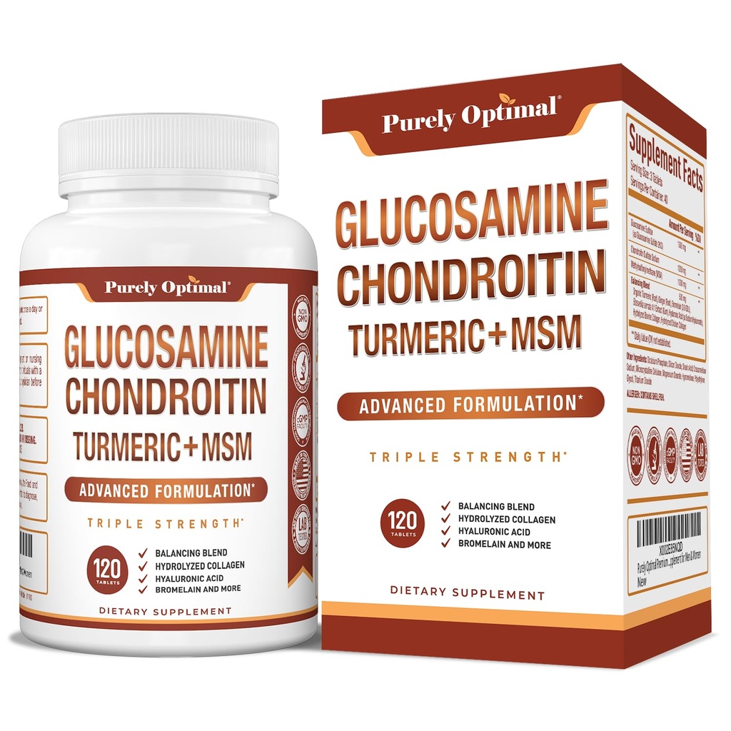 Supplément MSM de la glucosamine à la chondroïtine purement optimale avec/Turmeric et Boswellia - Supplément mixte de sulfate de glucosamine pour hommes et femmes - 120 comprimés