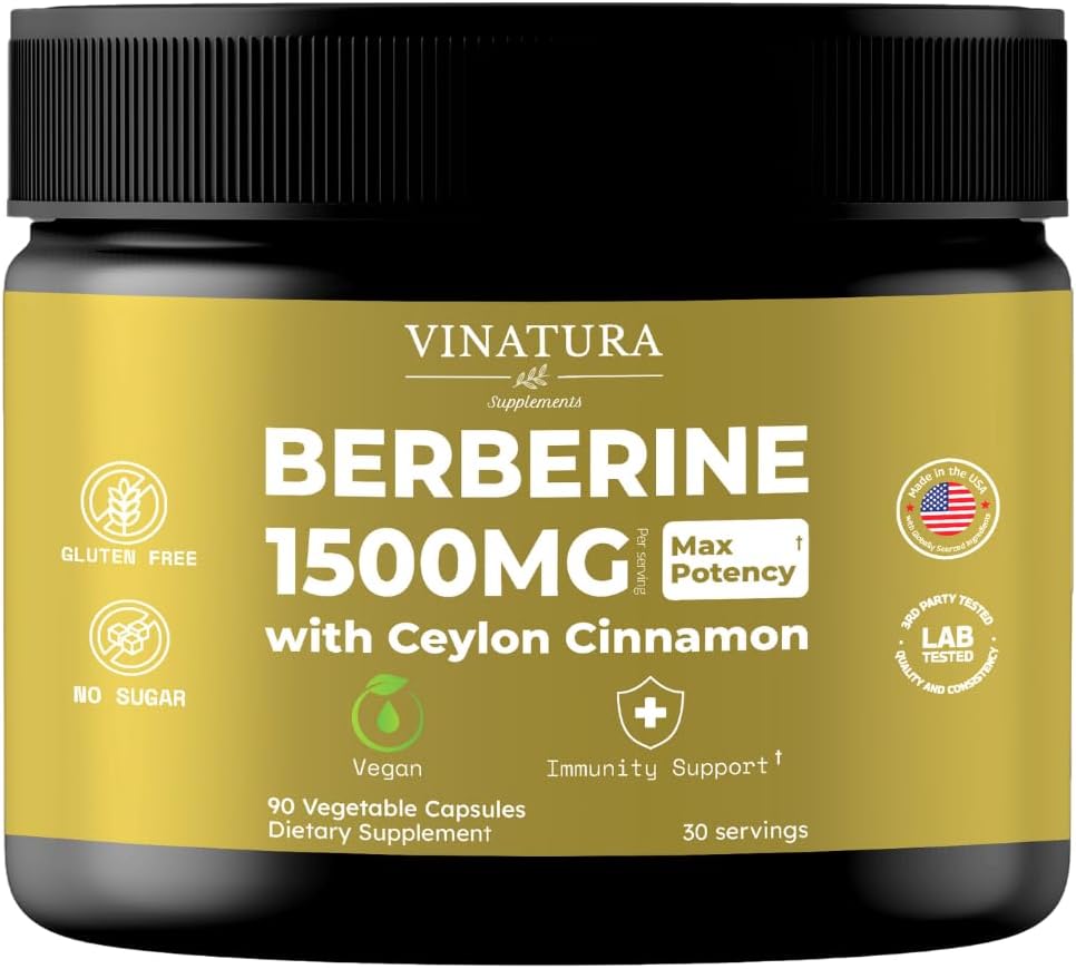 VINATURA Berberine 1500mg - Supplément Berberine avec Ceylan Cannelle, Max Potency Berberine HCL - 90 Capsules