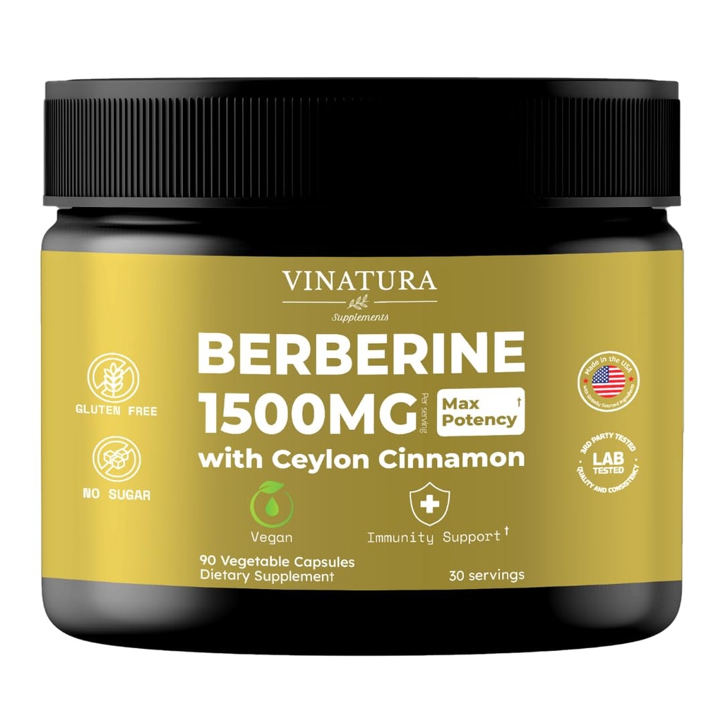 VINATURA Berberine 1500mg - Supplément Berberine avec Ceylan Cannelle, Max Potency Berberine HCL - 90 Capsules