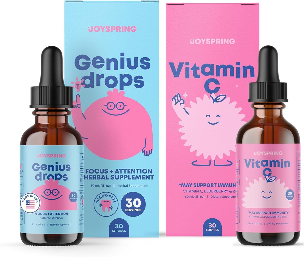 JoySpring Genius Drops & Vitamine C - Trousse de soutien scolaire ► Vitamines pour enfants d'origine naturelle, non-OGM, formule liquide non alcoholique, protection contre l'immunité