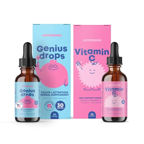 JoySpring Genius Drops & Vitamine C - Trousse de soutien scolaire ► Vitamines pour enfants d'origine naturelle, non-OGM, formule liquide non alcoholique, protection contre l'immunité