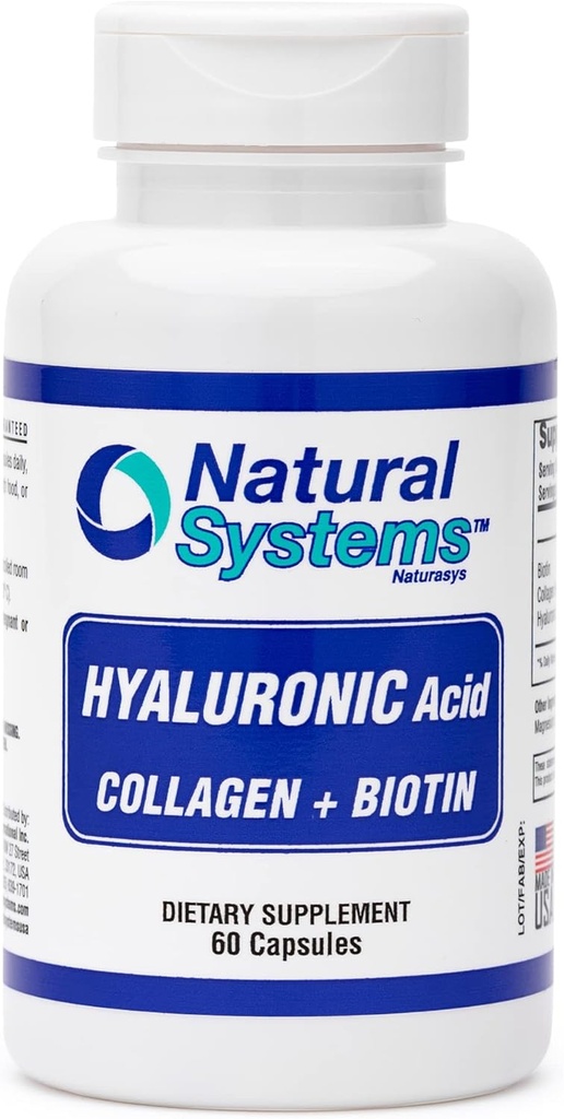 Hyaluronic Acid Plus Collagen and Biotin 60 Capsules by Natural Systems - Acido Hialuronico Capsules for Enhanced Absorption - Hydraulic Hyaluronic Acid Supplement for Skin - Strong Skin, Hair, Nails