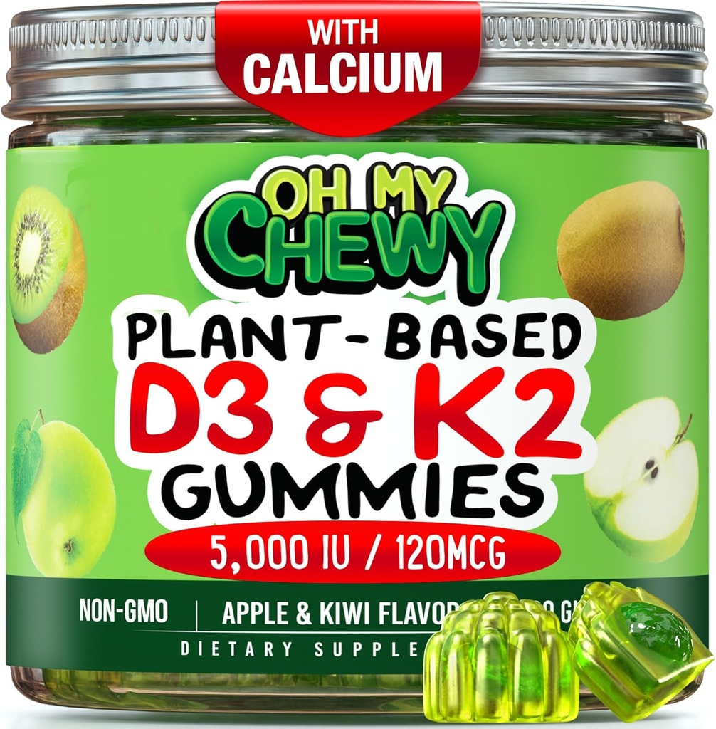 Vitamine au centre D3 K2 Gummies - Enfants, adolescents et adultes - Supplément pour les dents, les os, l'énergie et l'immunité - 5000 UI D3, 120 mcg K2(MK-7), 120 mg de calcium - Végétaux et non-OGM - 60 Nombre