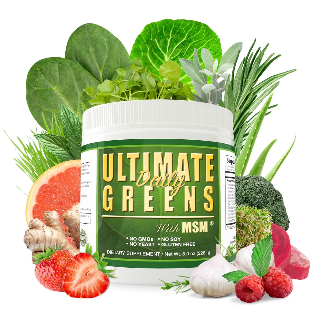 Santé quotidienne, Verts ultimes avec poudre MSM, Vegan Friendly Ingrédients naturels Sans gluten Sans soja NO GMO Superfood Légume boisson nutritionnelle Alcalinisante Énergie 8oz 1 Pack (1 mois d'approvisionnement)