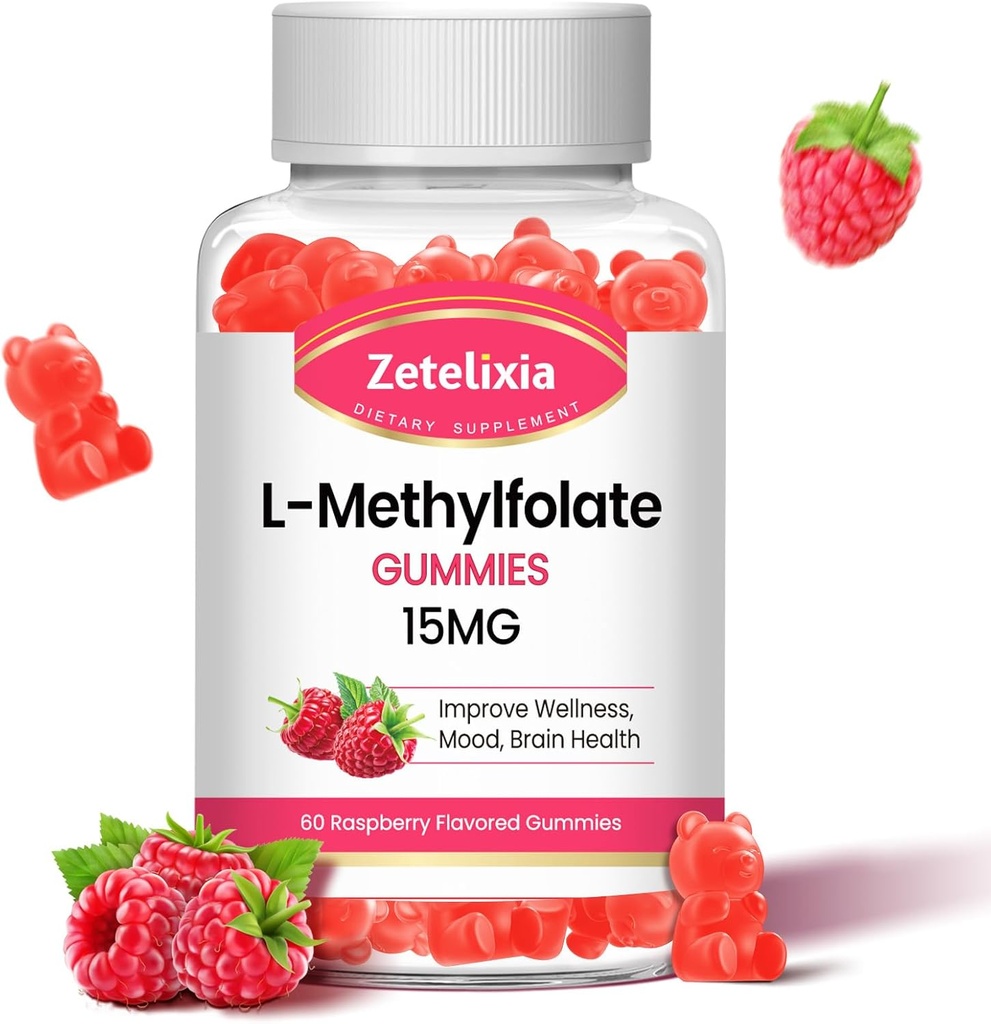 L-Méthylfolate 15mg & Méthyl B12 Gummies, supplément de folate pour la santé du cerveau, l'humeur et l'immunité, synthèse et réparation de l'ADN, sans sucre, végétalien, parfum de framboise, 60 comte