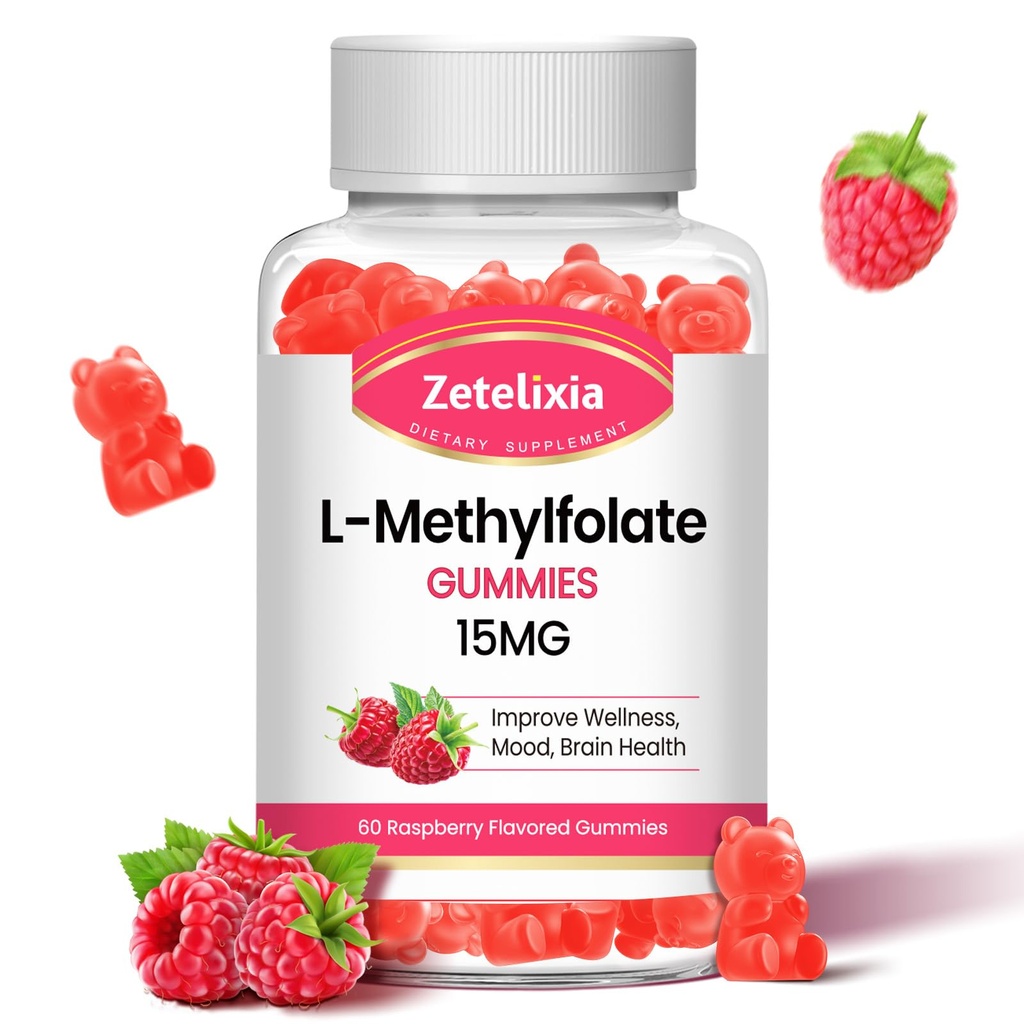 L-Méthylfolate 15mg & Méthyl B12 Gummies, supplément de folate pour la santé du cerveau, l'humeur et l'immunité, synthèse et réparation de l'ADN, sans sucre, végétalien, parfum de framboise, 60 comte