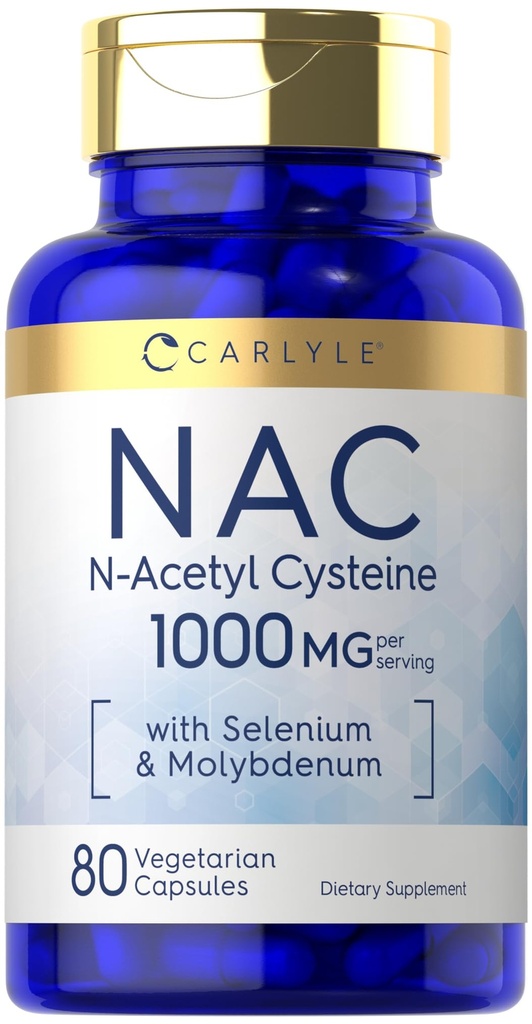 Carlyle NAC Supplément N-acétyl Cystéine 1000mg , 80 Capsules avec Sélénium et Molybdène , Végétarien, Non-OGM et Sans gluten