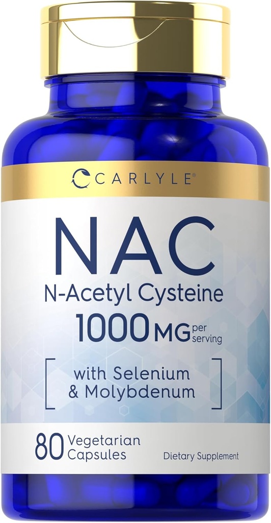 Carlyle NAC Supplément N-acétyl Cystéine 1000mg , 80 Capsules avec Sélénium et Molybdène , Végétarien, Non-OGM et Sans gluten