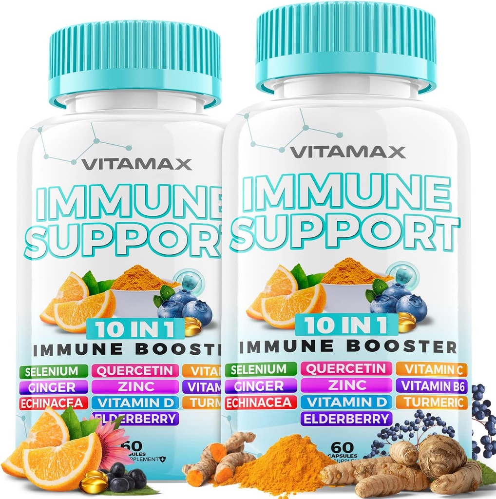 10-en-1 Immune Support avec Elderberry, D3, Sélénium, Quercetin, Zinc, Vitamine C, Ginger, Curcumine Turmère, B6, Echinacea – Immune Defense – Fabriqué aux États-Unis (60 comte (paquet de 2))