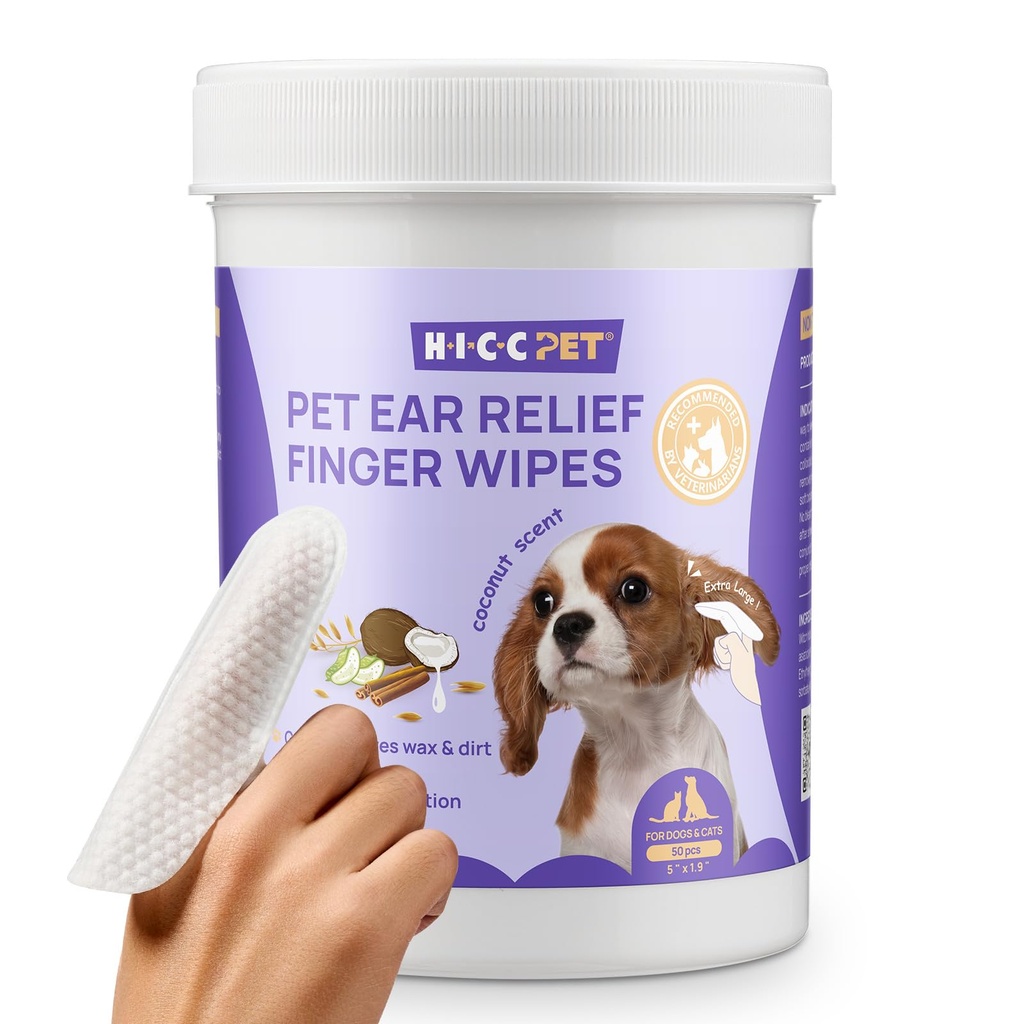 Wipes d'oreilles HICC PET nettoyantes pour chiens et chats, traitement d'infection d'oreilles pour chiens recommandé par les vétustes pour soulager les démangeaisons et l'inflammation, enlever la cire, la saleté et arrêter l'odeur, non irritant, 50ct(Coconut Scent)
