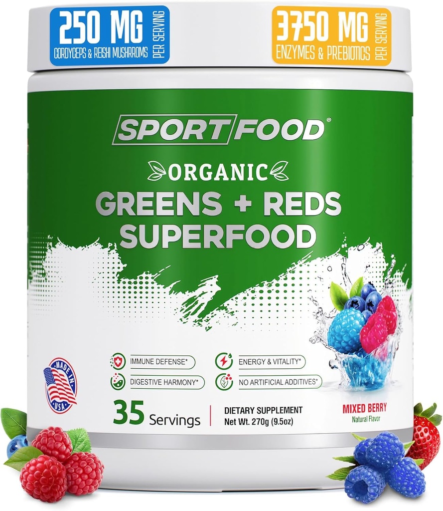 Organic Greens & Reds Superfood Powder | Mixed Berry Flavor | 25+ Super Fruits & Veggies, Beets, Prebiotics | Energizing, Antioxidant-Rich, Keto-Friendly Smoothie Mix | 35 Servings