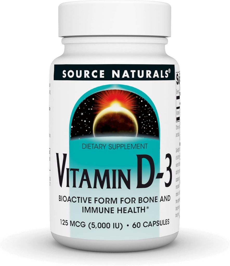 Source Naturelle Vitamine D-3 Forme bioactive pour la santé des os et des immunes* 5000 iu - 60 capsules