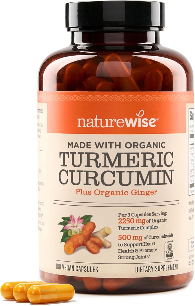 NatureWise Curcumin Turmeric 2250mg - 95% Curcuminoïdes & BioPerine Extrait de poivre noir pour l'absorption avancée - Soutien quotidien de la santé articulaire et immunitaire - Vegan, non-OGM, 180 Compte[60 jours]