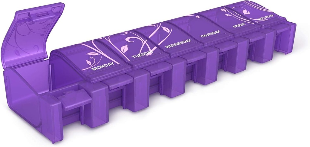 EZY DOSE Soft Touch Weekly (7 jours) Cas de pilule, planificateur de médicaments, boîte d'organisateur de vitamines, planificateur quotidien, compartiments XL, pratique et facile à utiliser, lys étiquetés, couleur mai Varier, sans BPA