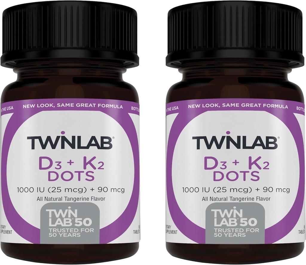 Twinlab Vitamine D3 1000 + K2 Points - Bone & Heart Health - Immune Support - 25 mcg, 60 comprimés (1000 UI) (2 Pack)