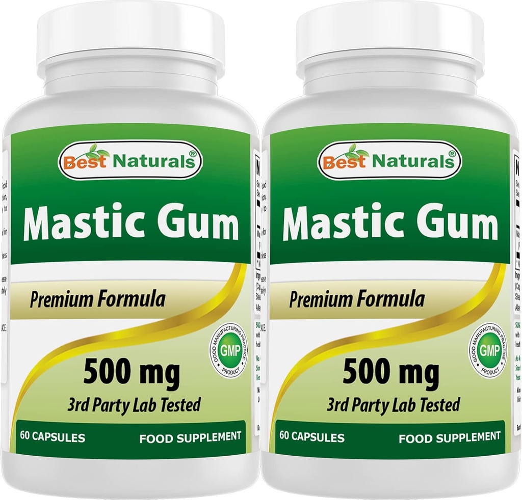 Meilleures capsules de Gum mastic naturel 2 gélules 500 mg - 60 Nombre - (non-OGM) (sans gluten) - Promotion de la santé stomacale et duodénale - (total 120 capsules)